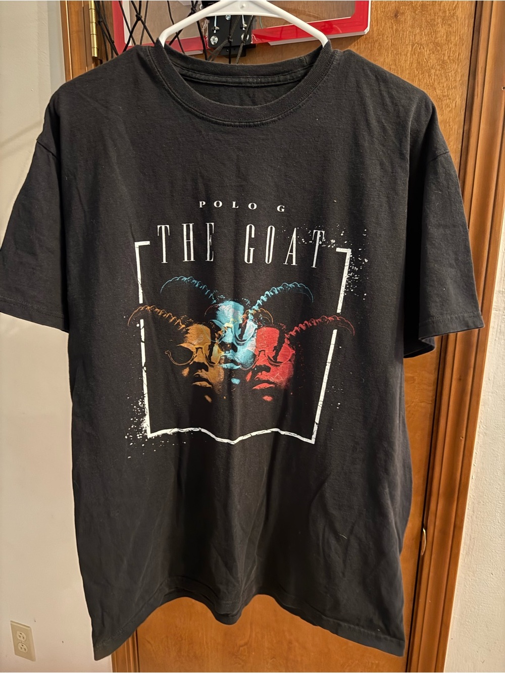 Source Unknown Black Short Sleeve Tee with Red, Blue, and Gold Graphic